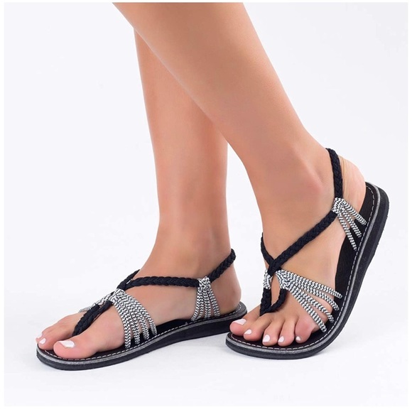 Plaka Shoes - Plaka Seashell Black & White Handwoven Sandals